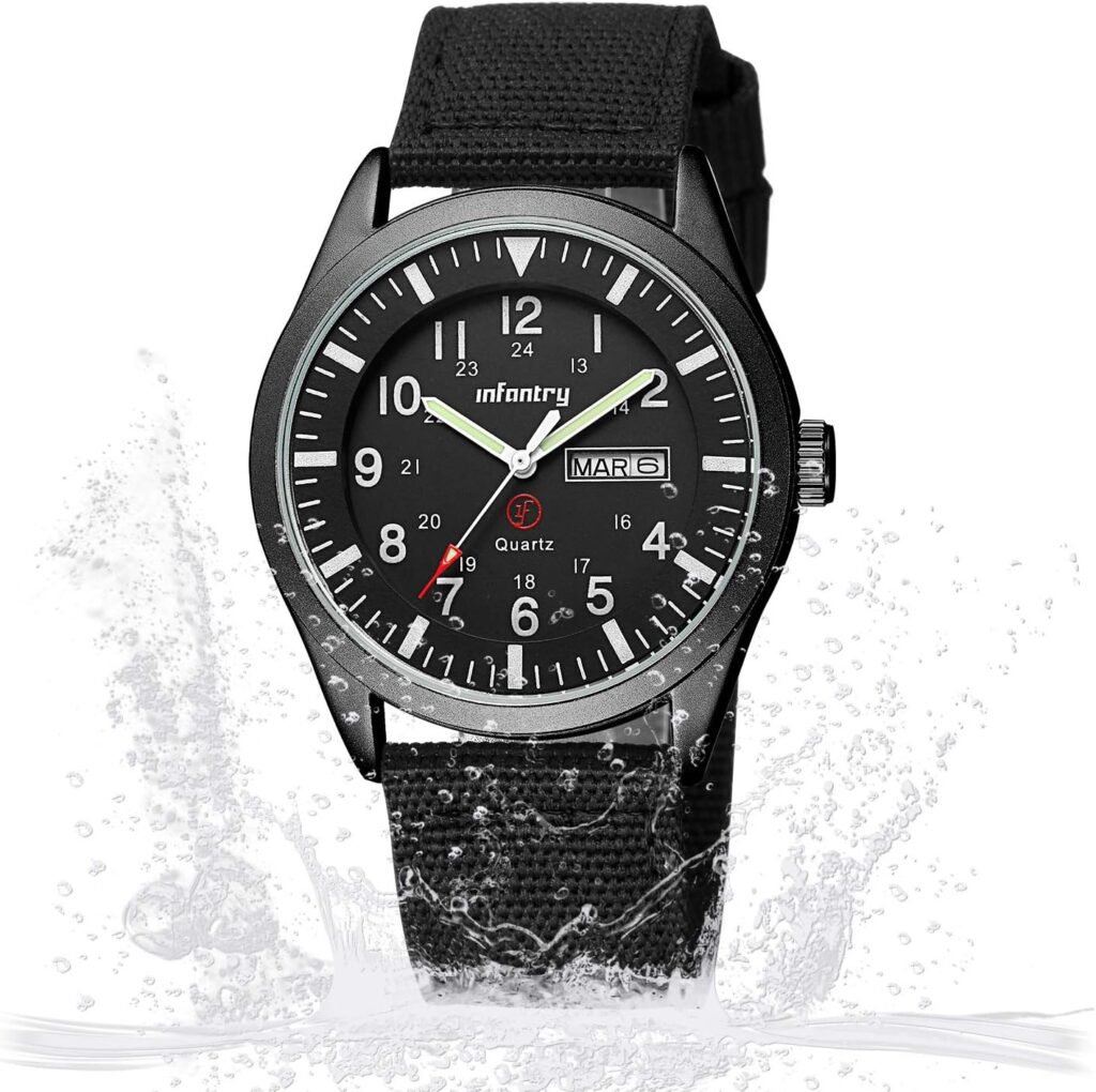 Infantry 5ATM Waterproof Mens Military Tactical Field Watch, Date  Day 12/24Hr Display Watches for Men, Casual Quartz Wristwatch with Nylon Strap