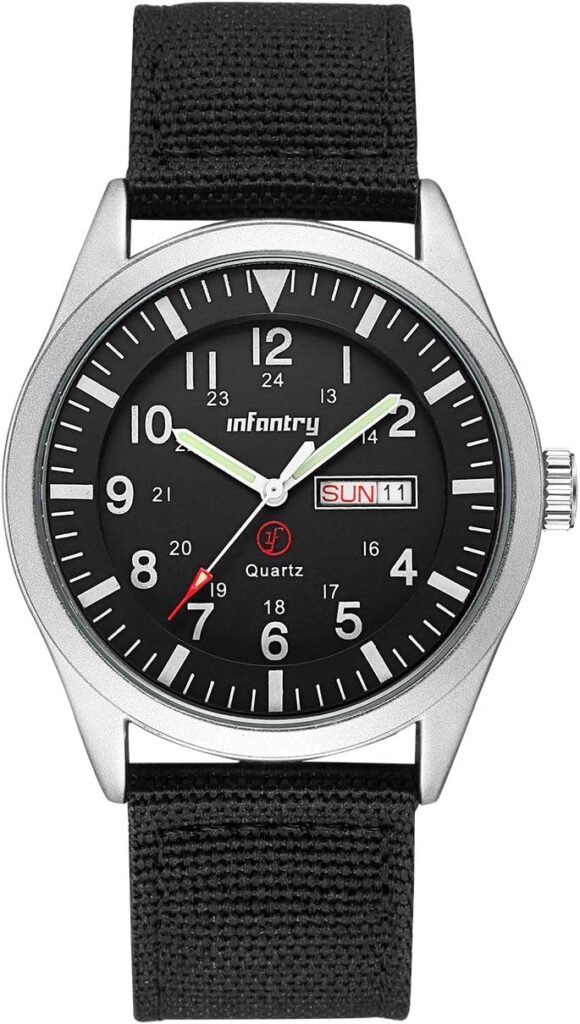 Infantry 5ATM Waterproof Mens Military Tactical Field Watch, Date  Day 12/24Hr Display Watches for Men, Casual Quartz Wristwatch with Nylon Strap