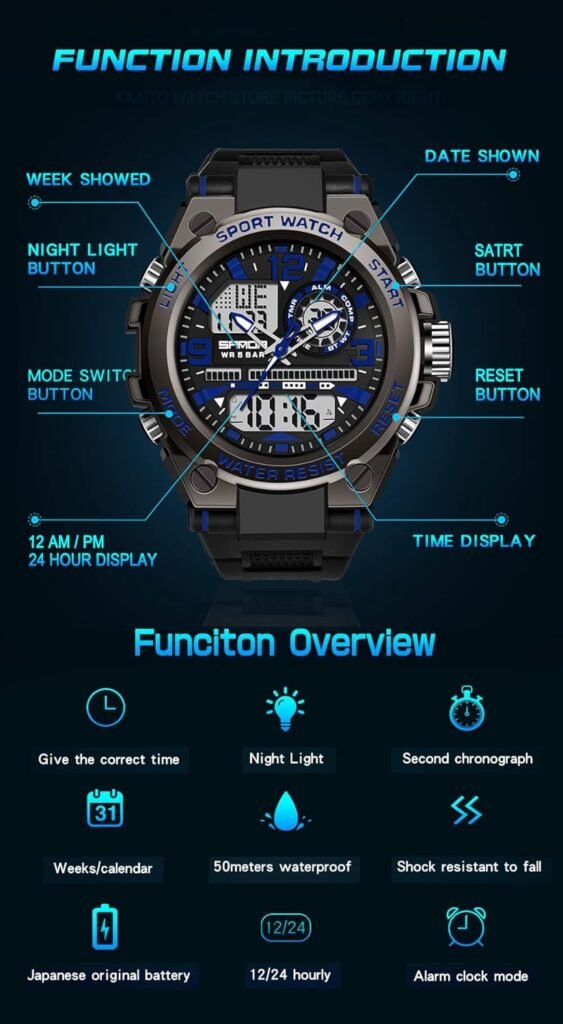 KXAITO Mens Watches Sports Outdoor Waterproof Military Watch Date Multi Function Tactics LED Alarm Stopwatch