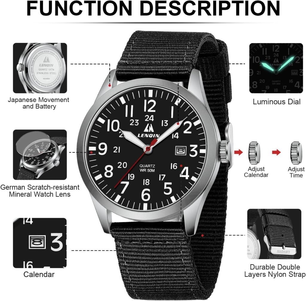 LN LENQIN Mens Watches Unisex Military Watches Sport Nylon Strap Stylish Luminous Fashion Watches Analog Quartz Watches for Men Waterproof Army Tactical Casual Wristwatch