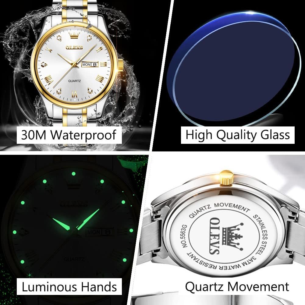 Mens Casual Stainless Steel Watch, Big Face Easy to Read Analog Quartz Watch with Day and Date, Classic Waterproof Diamond Roman Arabic Numerals Dial Dress Watch for Men, Gold Silver Black Band
