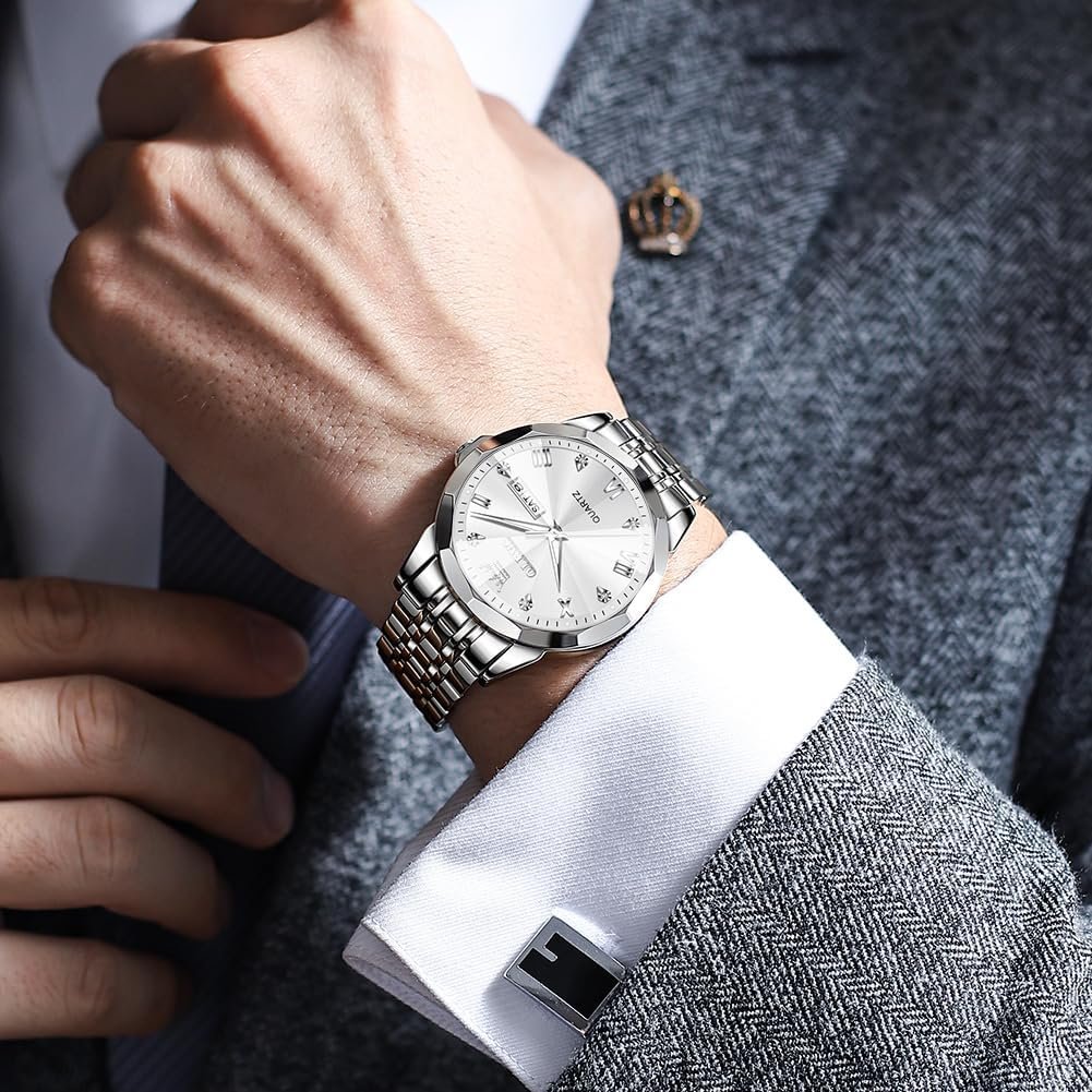Mens Casual Stainless Steel Watch, Big Face Easy to Read Analog Quartz Watch with Day and Date, Classic Waterproof Diamond Roman Arabic Numerals Dial Dress Watch for Men, Gold Silver Black Band