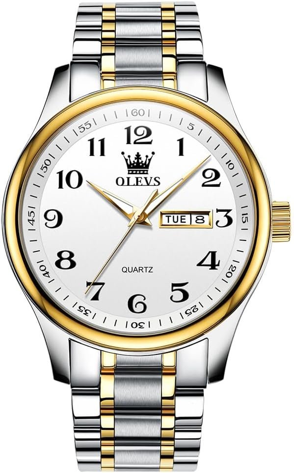 Mens Casual Stainless Steel Watch, Big Face Easy to Read Analog Quartz Watch with Day and Date, Classic Waterproof Diamond Roman Arabic Numerals Dial Dress Watch for Men, Gold Silver Black Band