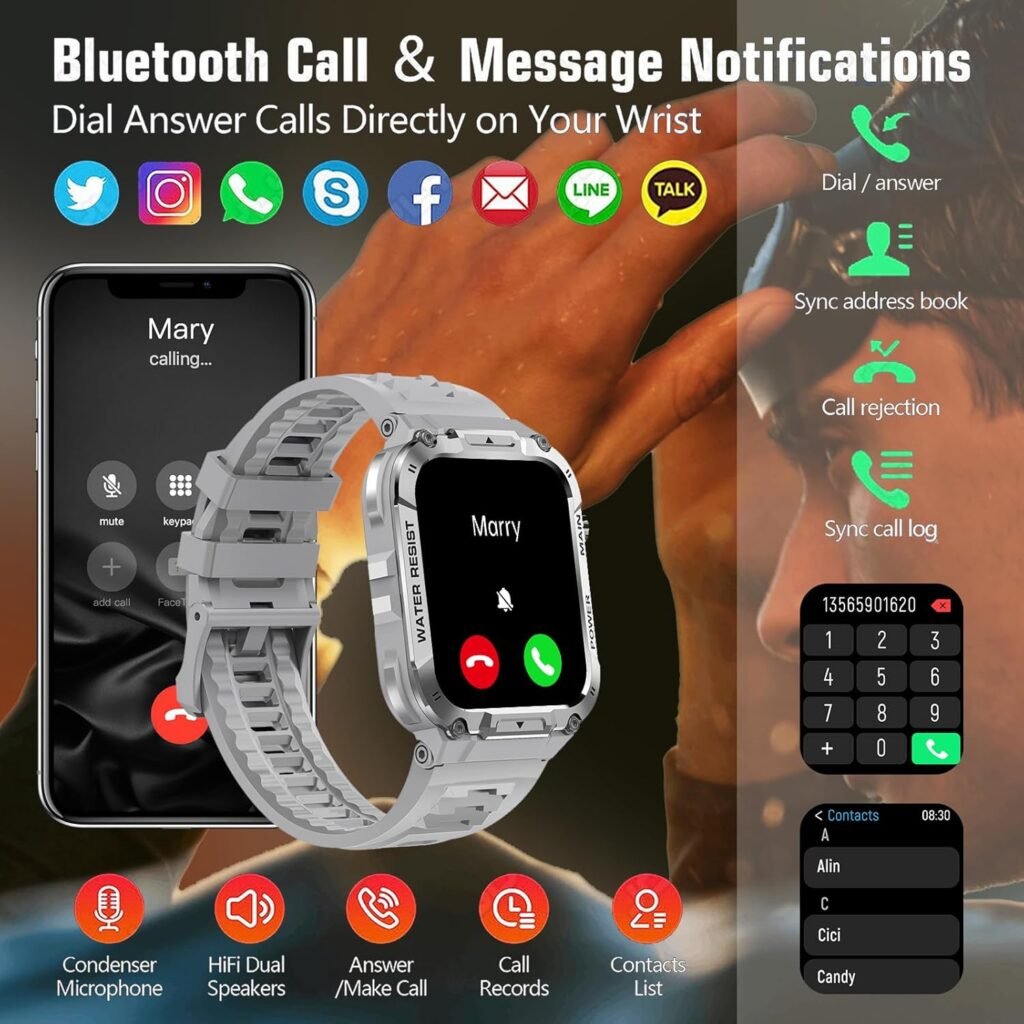 Military Smart Watch for Men 1.96 Inches Outdoor Sports Smartwatch with Answer/Make Call,Fitness Watch,Blood Oxygen,Heart Rate and Sleep Monitor Compatible with iPhone and Android Phones