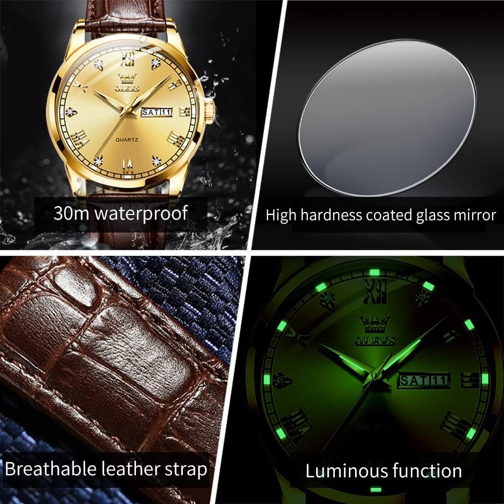 OLEVS Amazon Watches,Brown Leather Watch for Men,Men Day Date Watch,Mens Luminous Watch,Dress Watch for Men,Rose Gold Watch for Men,Mens Fashion Quartz Watch,Waterproof Brown Man Watches