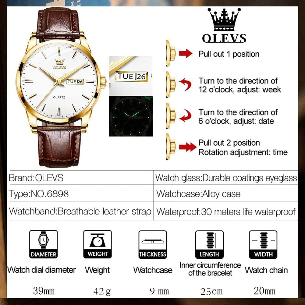 OLEVS Amazon Watches,Brown Leather Watch for Men,Men Day Date Watch,Mens Luminous Watch,Dress Watch for Men,Rose Gold Watch for Men,Mens Fashion Quartz Watch,Waterproof Brown Man Watches