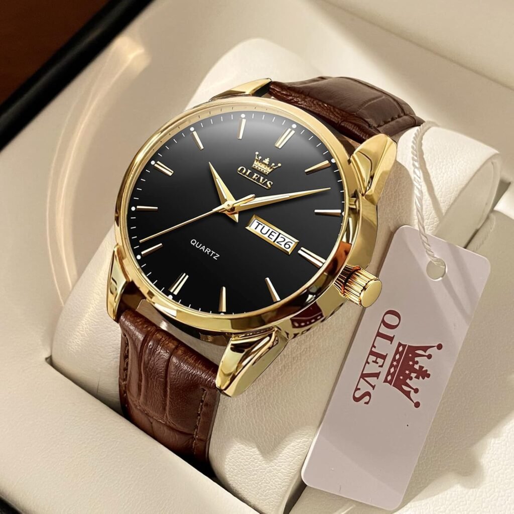 OLEVS Amazon Watches,Brown Leather Watch for Men,Men Day Date Watch,Mens Luminous Watch,Dress Watch for Men,Rose Gold Watch for Men,Mens Fashion Quartz Watch,Waterproof Brown Man Watches