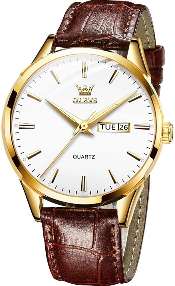 OLEVS Amazon Watches,Brown Leather Watch for Men,Men Day Date Watch,Mens Luminous Watch,Dress Watch for Men,Rose Gold Watch for Men,Mens Fashion Quartz Watch,Waterproof Brown Man Watches