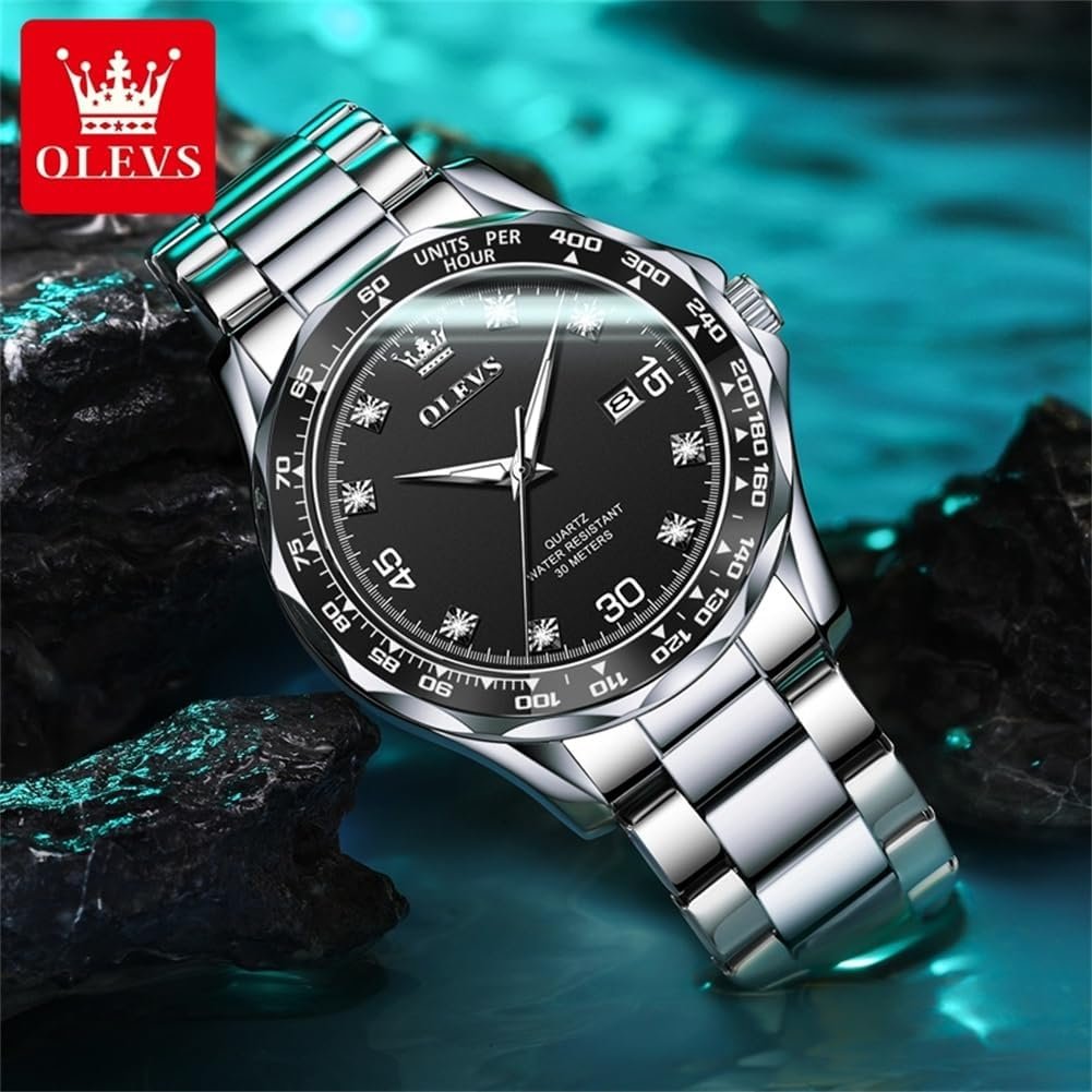 OLEVS Men Watch,Big Dial Watches for Men Stainless Steel Watch with Day Waterproof Analog Quartz Watches for Man Classic Business Wristwatch Luxury Luminous Round for Men Rotatable Bezel Watch