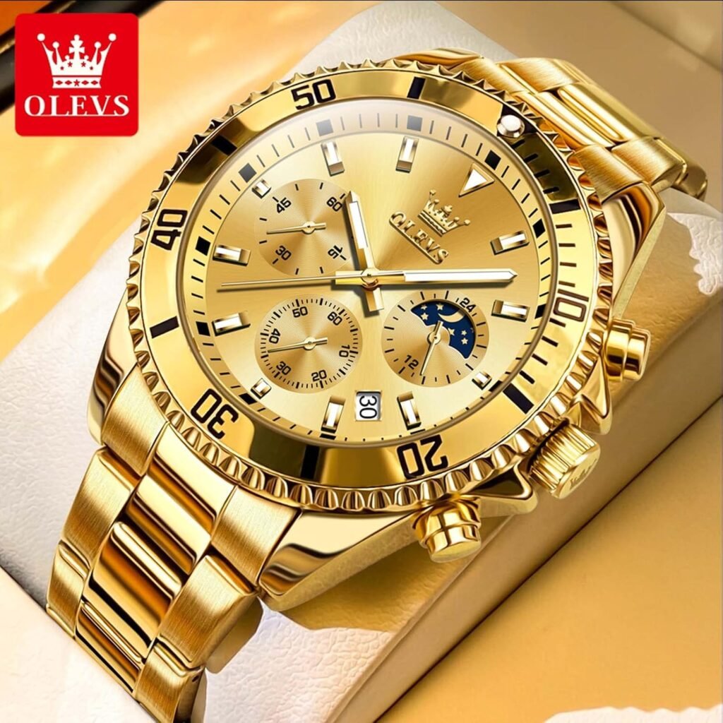 OLEVS Men Watch,Big Dial Watches for Men Stainless Steel Watch with Day Waterproof Analog Quartz Watches for Man Classic Business Wristwatch Luxury Luminous Round for Men Rotatable Bezel Watch