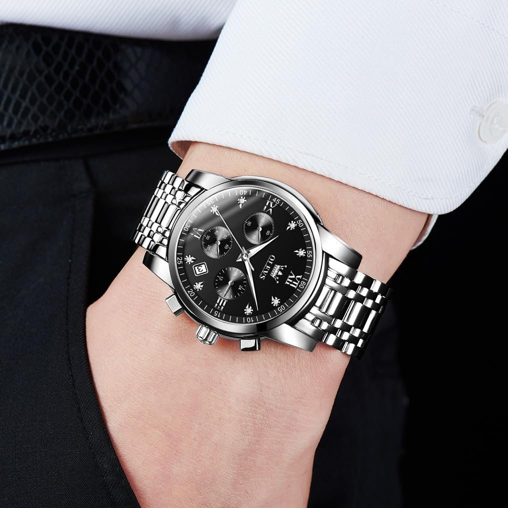 OLEVS Mens Stainless Steel Chronograph Watch, Big Face Gold Silver Black Tone Easy to Read Analog Quartz Watch, Luxury Waterproof Date Diamond Roman Arabic Numerals Dial Dress Watch for Men