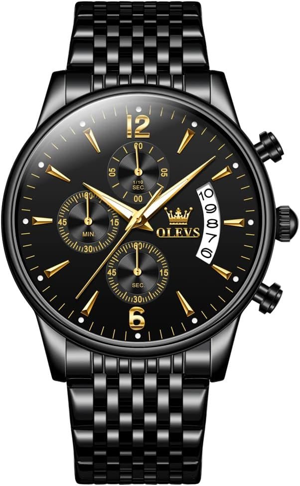 OLEVS Mens Stainless Steel Chronograph Watch, Big Face Gold Silver Black Tone Easy to Read Analog Quartz Watch, Luxury Waterproof Date Diamond Roman Arabic Numerals Dial Dress Watch for Men