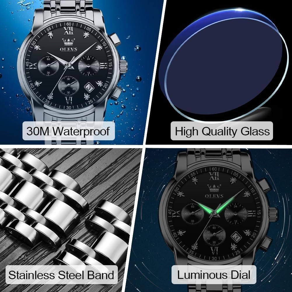 OLEVS Mens Stainless Steel Chronograph Watch, Big Face Gold Silver Black Tone Easy to Read Analog Quartz Watch, Luxury Waterproof Date Diamond Roman Arabic Numerals Dial Dress Watch for Men