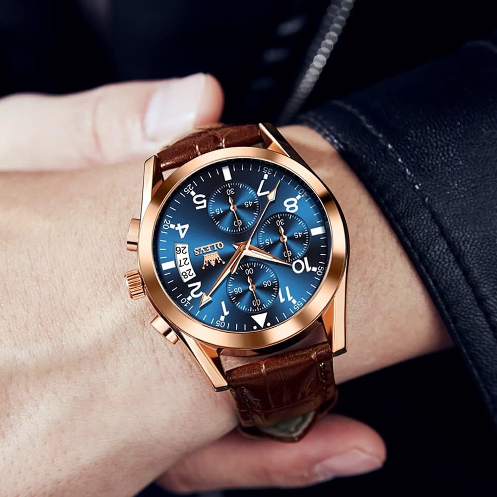 OLEVS Mens Watches Brown Leather with Date,Casual Watches for Men,Large Face Watches Men,Chronograph Mens Watch,Sport Waterproof Business Dress Analog Quartz Mens Wrist Watches Reloj De Hombre
