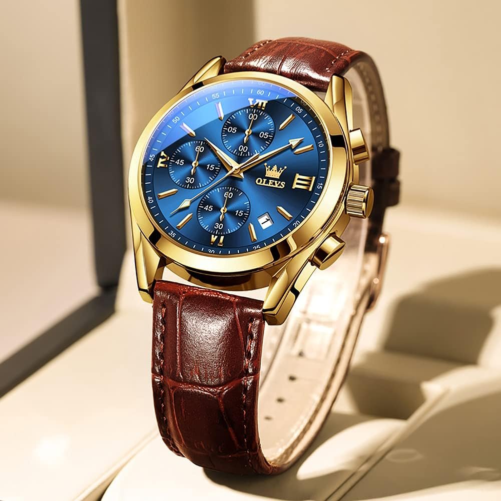 OLEVS Mens Watches Brown Leather with Date,Casual Watches for Men,Large Face Watches Men,Chronograph Mens Watch,Sport Waterproof Business Dress Analog Quartz Mens Wrist Watches Reloj De Hombre