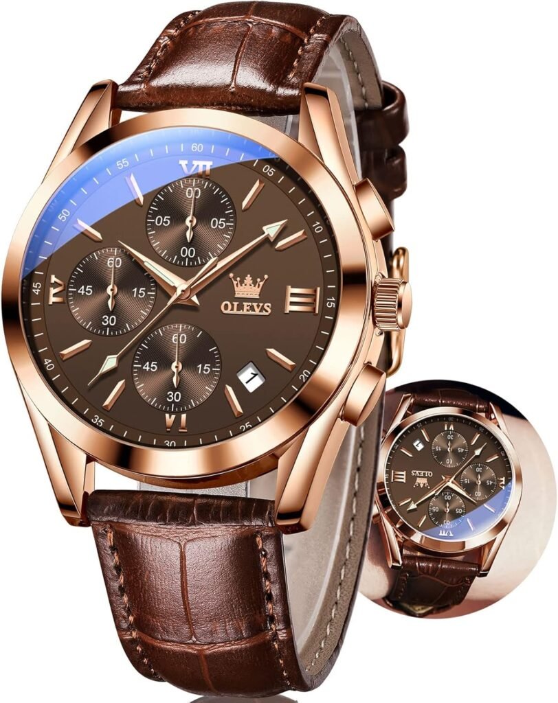 OLEVS Mens Watches Brown Leather with Date,Casual Watches for Men,Large Face Watches Men,Chronograph Mens Watch,Sport Waterproof Business Dress Analog Quartz Mens Wrist Watches Reloj De Hombre