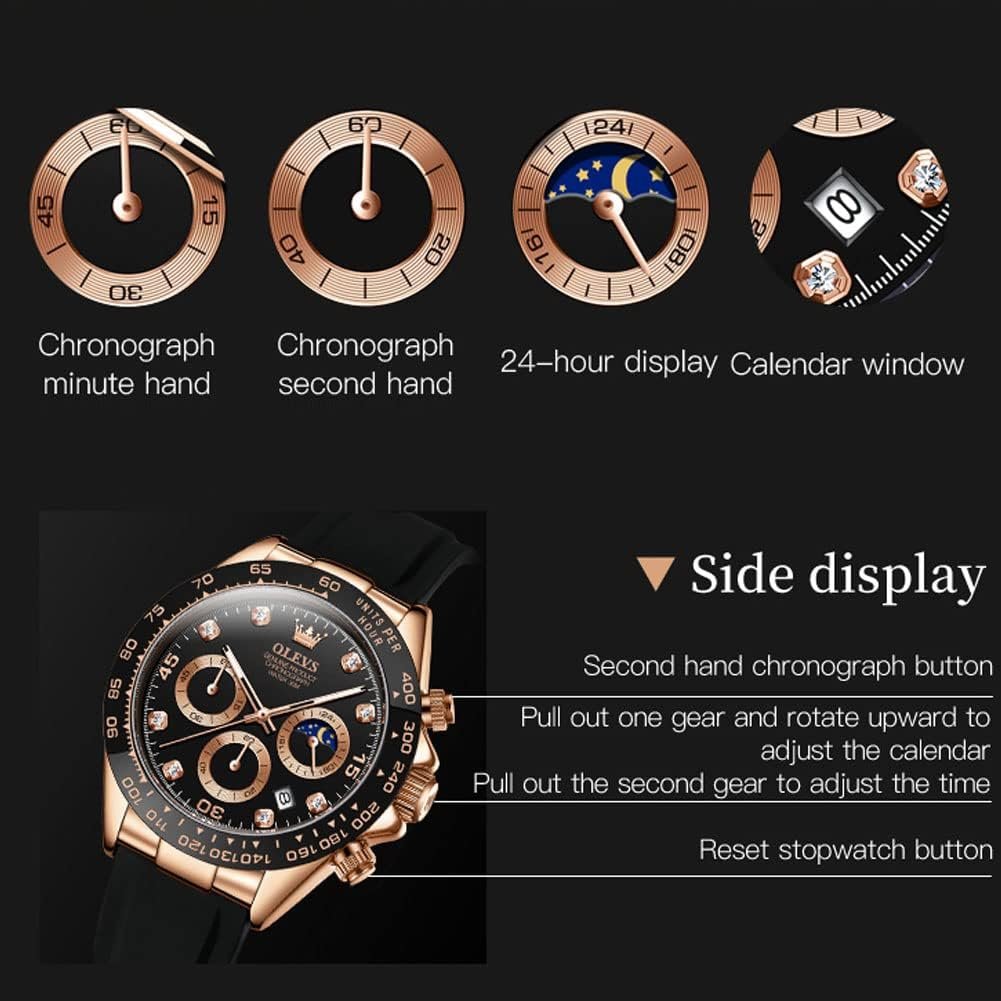 OLEVS Mens Watches Chronograph Multifunction Sport Silicone Luxury Diamond Moon Phase Quartz Male Watch Waterproof Wrist Watch …