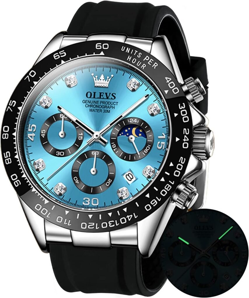 OLEVS Mens Watches Chronograph Multifunction Sport Silicone Luxury Diamond Moon Phase Quartz Male Watch Waterproof Wrist Watch …