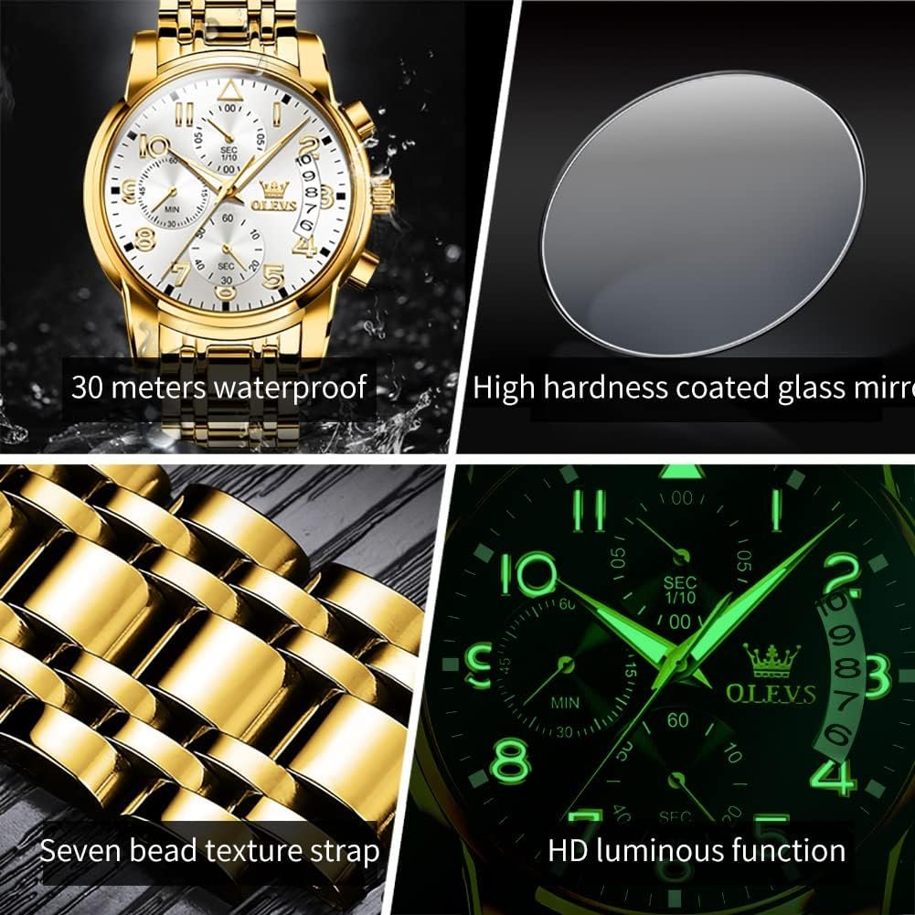 OLEVS Mens Watches Waterproof Stainless Steel Adjustable Bracelet Watch Quartz Analog Watch for Men Fashion Business Classic Menss Wrist watchs Casual Watches Gold/Blue/Black/White/Face/Dial