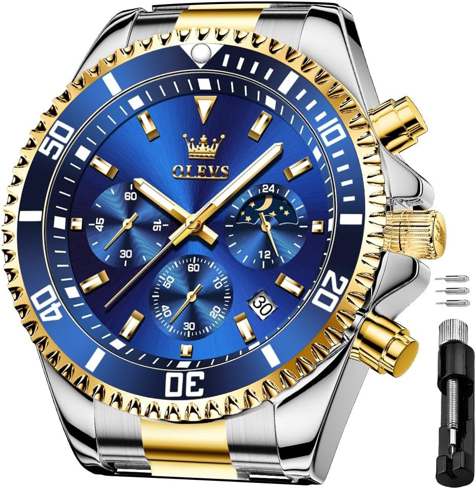 OLEVS Mens Waterproof Watches Stainless Steel Waterproof Chronograph Wrist Watches Luxury Dress White Luminous Big Face Analog Quartz Male Watches