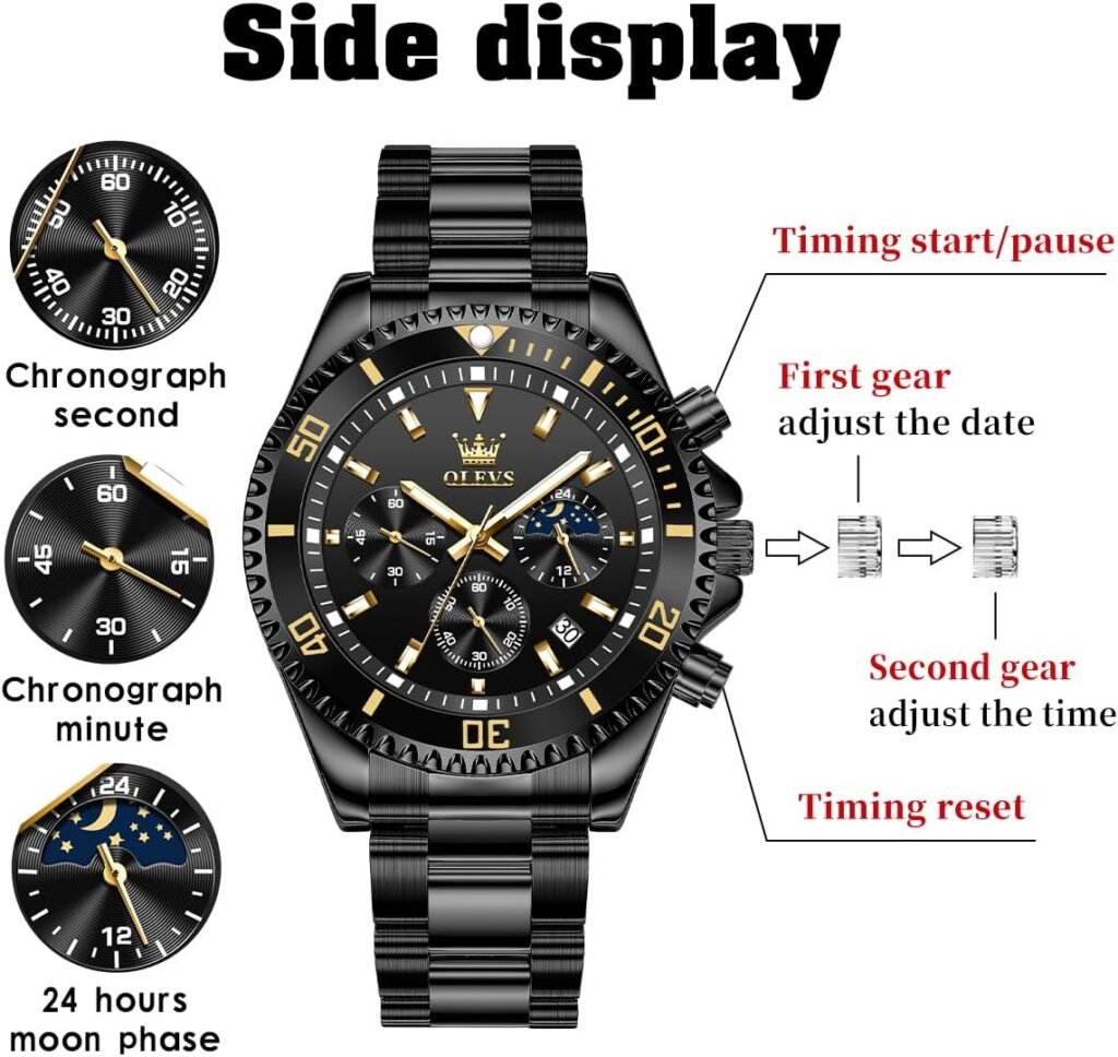 OLEVS Mens Waterproof Watches Stainless Steel Waterproof Chronograph Wrist Watches Luxury Dress White Luminous Big Face Analog Quartz Male Watches