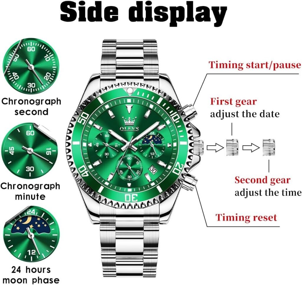 OLEVS Mens Waterproof Watches Stainless Steel Waterproof Chronograph Wrist Watches Luxury Dress White Luminous Big Face Analog Quartz Male Watches