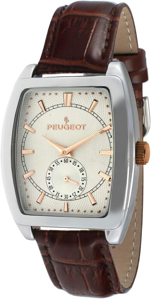 Peugeot Mens Rectangular Shape Wrist Watch with Remote Sweep Seconds Hand Dial  Matching Color Genuine Leather Strap Band