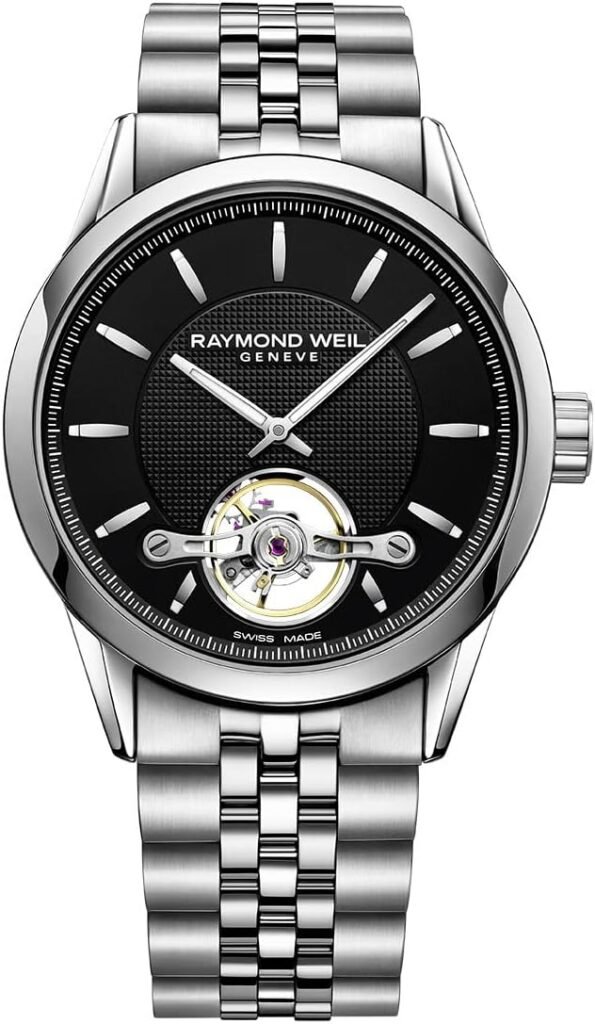 RAYMOND WEIL Freelancer Mens Automatic Watch, Calibre RW1212, Black Dial with Silver Indexes, Visible Balance Wheel, Stainless Steel Bracelet, 42.5 mm (Model: 2780-ST-20001)