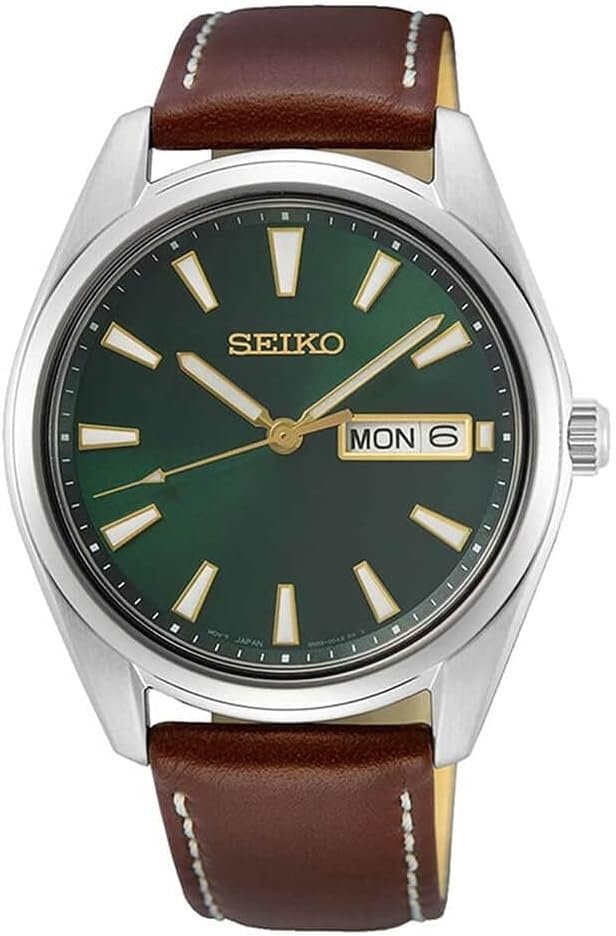 SEIKO Watch for Men - Essentials - with Day/Date Calendar, LumiBrite Hands and Markers, Leather Bracelet, 100m Water-Resistant SEIKO Watch for Men - Essentials - with Day/Date Calendar, LumiBrite Hands and Markers, Leather Bracelet, 100m Water-Resistant