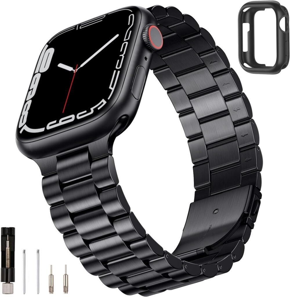 SUNFWR Compatible with Apple Watch Band 45mm 44mm 42mm for Men Women, Stainless Steel Metal iWatch Band with Case for Apple Watch Series 9/8/7/6/5/4/3/2/1/SE/SE2(Black, 42mm 44mm 45mm)