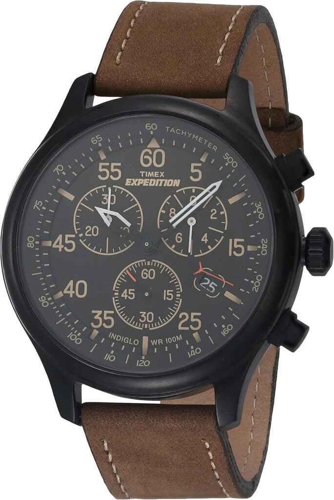Timex Mens Expedition Field Chrono 43mm Watch - Brown Strap Black Dial Silver-Tone Case Timex Mens Expedition Field Chrono 43mm Watch - Brown Strap Black Dial Silver-Tone Case