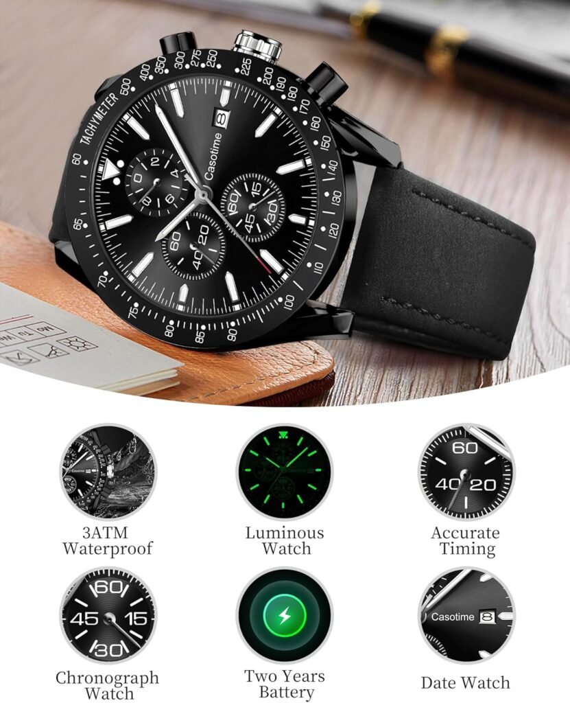 Watches for Men Leather Band Chronograph Mens Watches 30M Waterproof Big Face Analog Quartz Date Watch Work Sport Casual Classical Fashion Designer Dress Wrist Watches Elegant Gift for Men