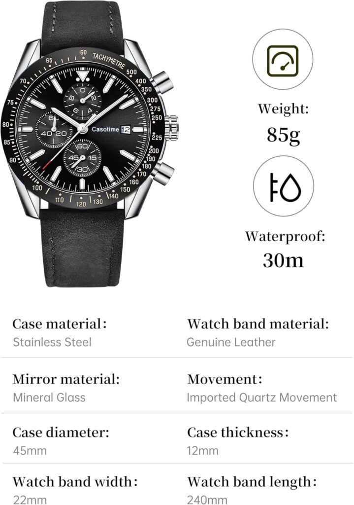 Watches for Men Leather Band Chronograph Mens Watches 30M Waterproof Big Face Analog Quartz Date Watch Work Sport Casual Classical Fashion Designer Dress Wrist Watches Elegant Gift for Men