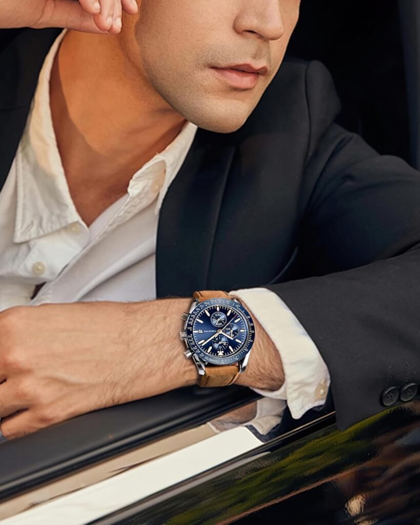 Watches for Men Leather Band Chronograph Mens Watches 30M Waterproof Big Face Analog Quartz Date Watch Work Sport Casual Classical Fashion Designer Dress Wrist Watches Elegant Gift for Men