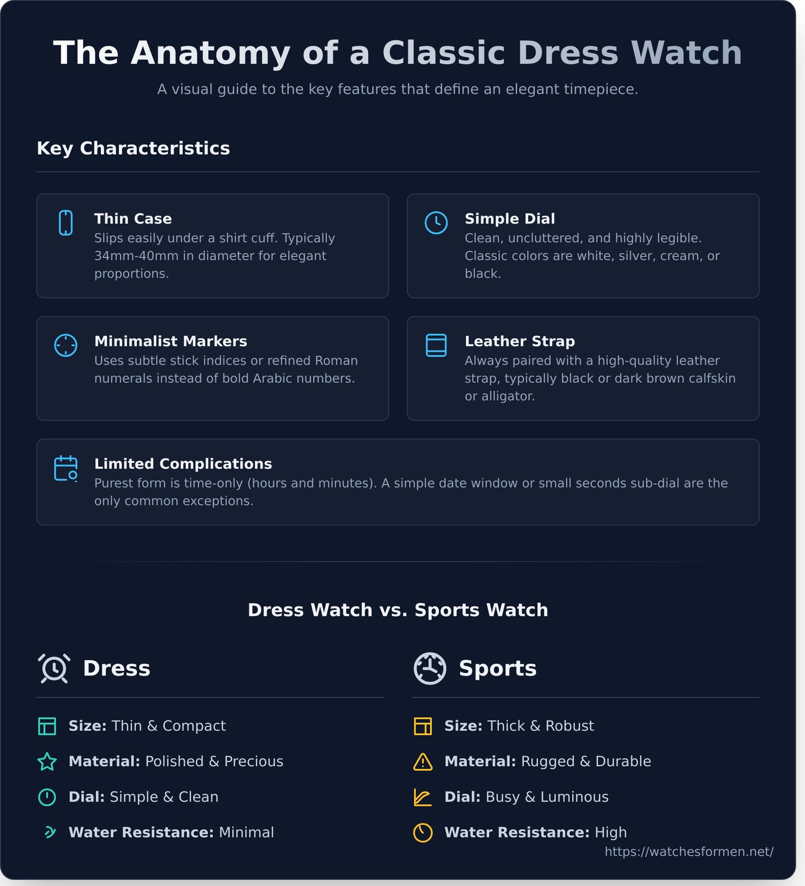 The Art of Elegance: A Complete Guide to Dress Watches for Men - Infographic